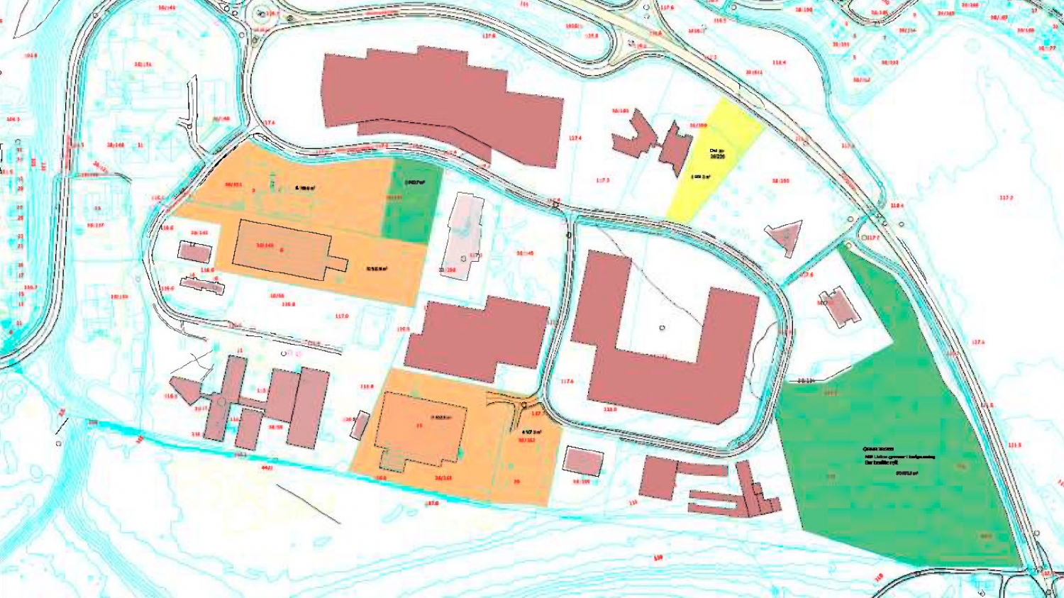 Skissen viser områder som det er bygget på i dag, og som er vurdert å ha potensiale for fortetting/ annen bruk (oransje og gule områder), samt områder som er ubebygd og som enten må omreguleres pga formål eller som må reguleres på grunn av plankrav (grønne områder).